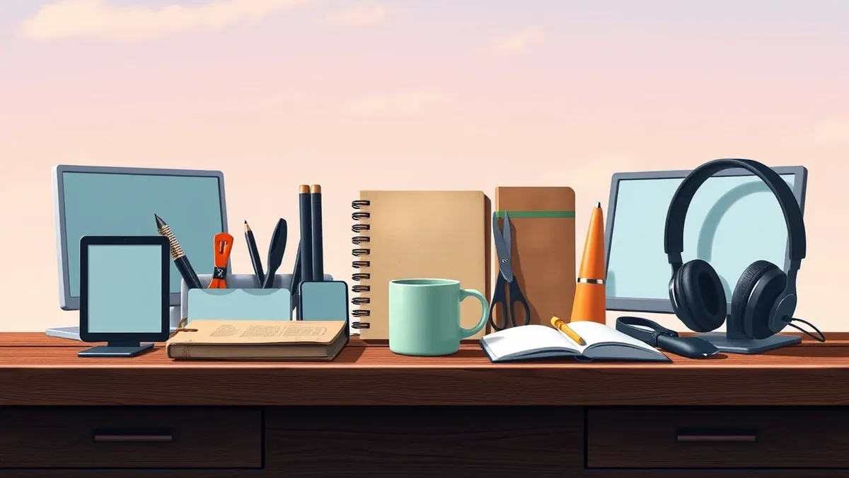 Illustration: A diverse collection of everyday tools sits on a wooden desk, including a worn notebook, a coffee mug, and a pair of headphones.