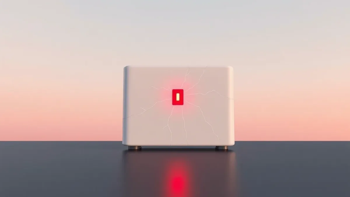 Illustration: A sleek, metallic network gateway device sits isolated on a dark surface.