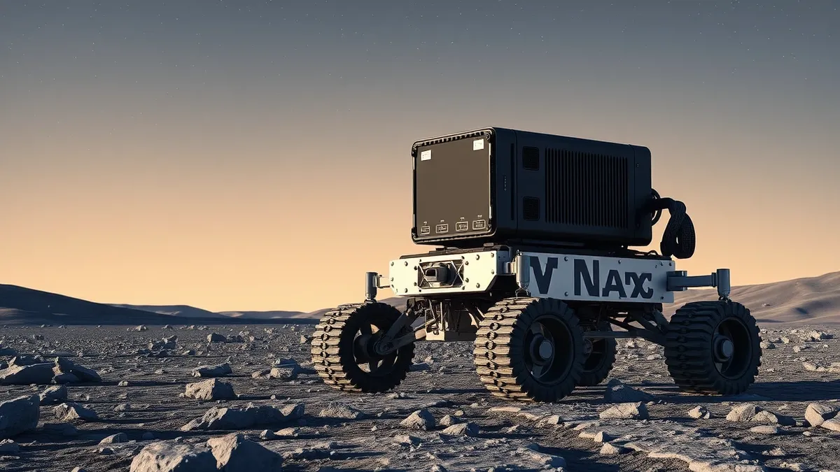 Illustration: A rugged black computer module sits securely mounted on the metal chassis of a lunar rover.