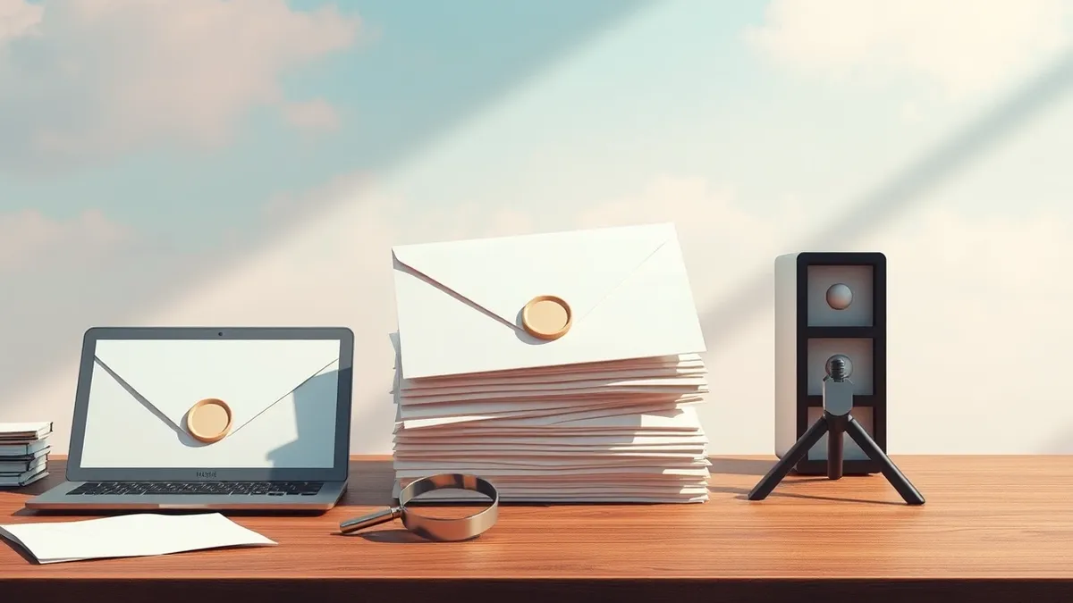 Illustration: A stack of plain white envelopes sits on a wooden desk next to a magnifying glass.