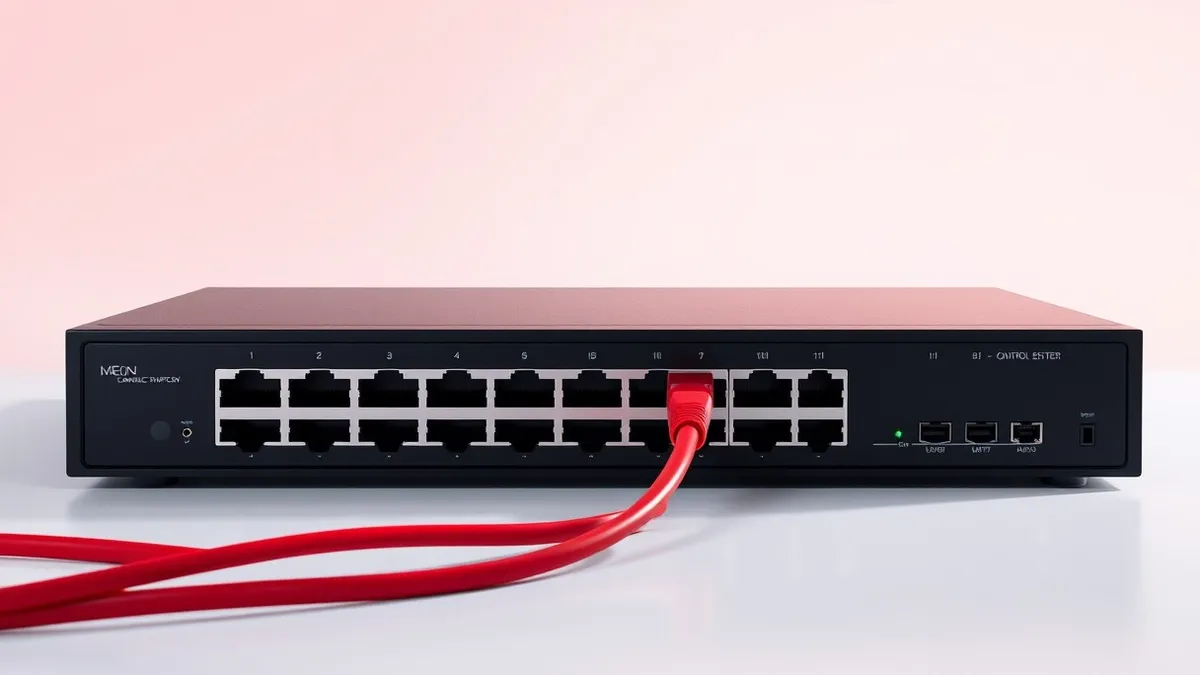 Illustration: A black network switch sits on a clean white desk with its ports facing forward.