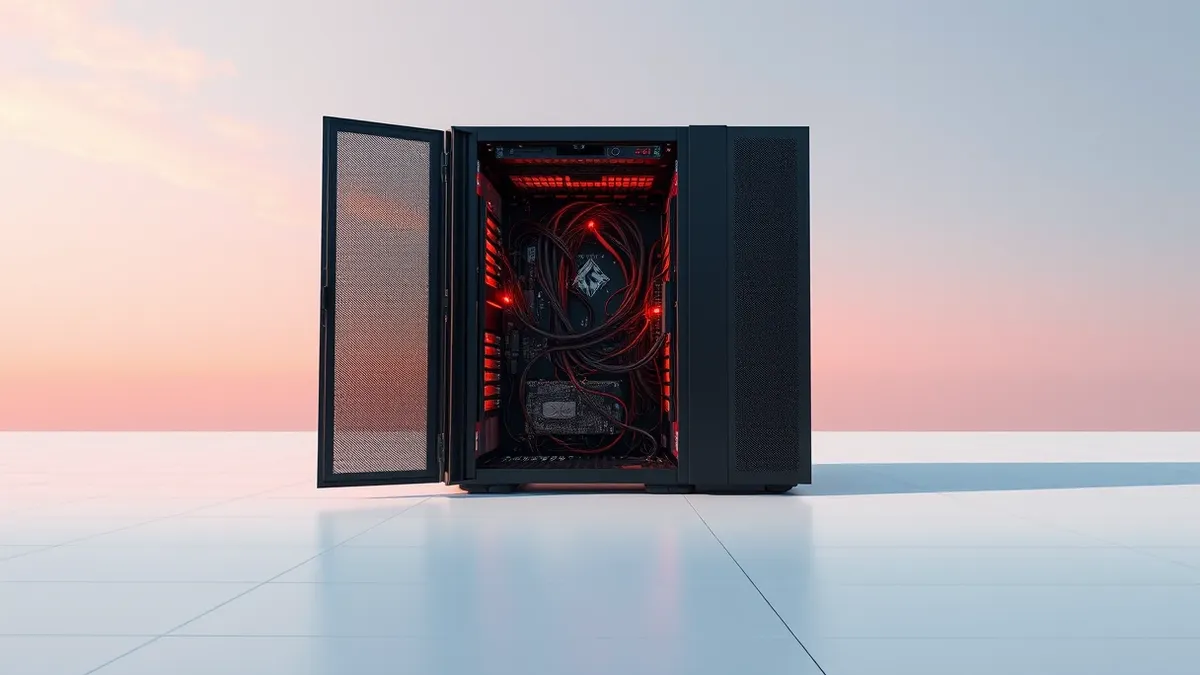 Illustration: A black AI storage server sits isolated on a white floor, its front panel cracked open to reveal tangled internal circuitry.