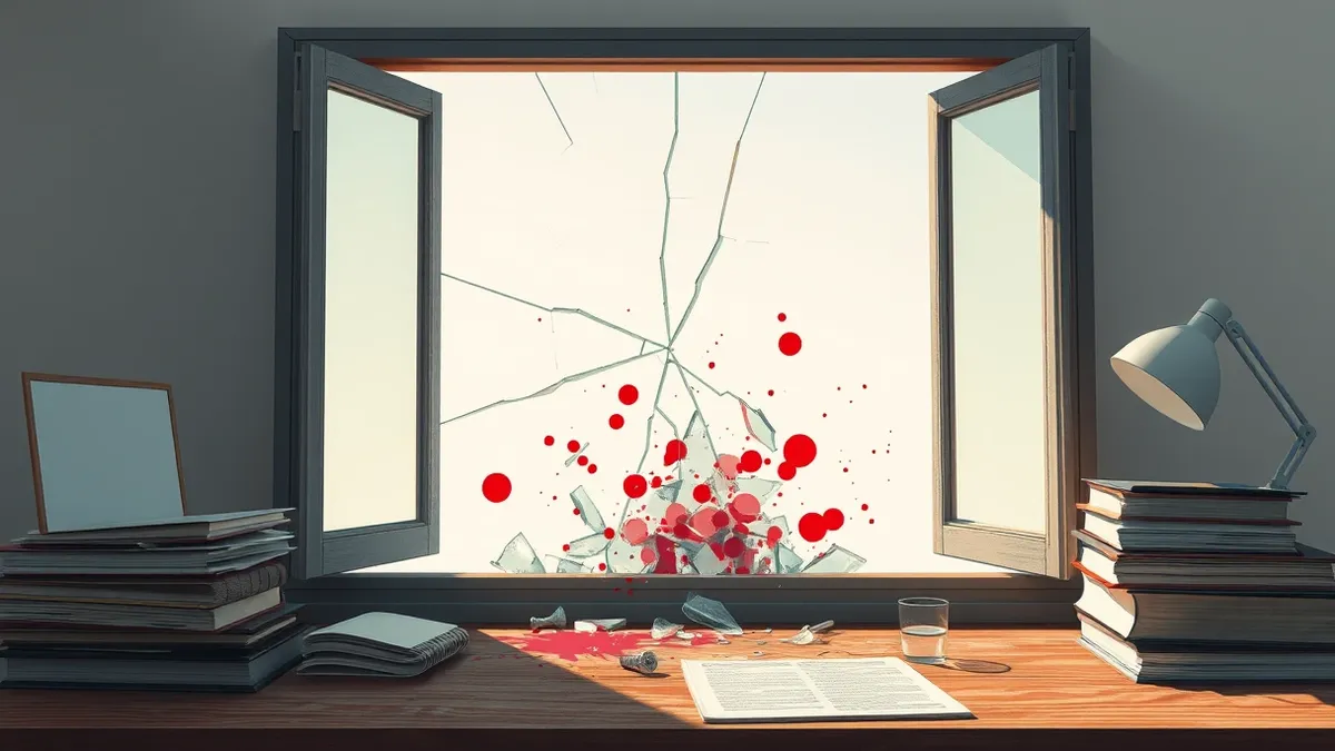 Illustration: A cracked window pane sits on a cluttered wooden desk, with jagged shards of glass piled in the center.