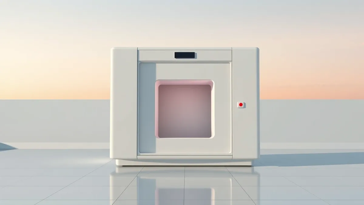 Illustration: A sleek, white medical imaging server sits isolated on a sterile floor.