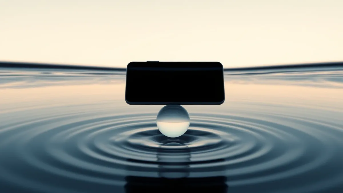 Illustration: A blurred smartphone screen floats above a shallow pool of dark water.