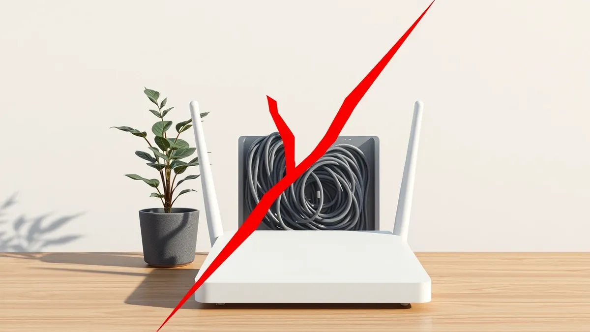 Illustration: A sleek white router sits on a wooden desk beside a potted fern.