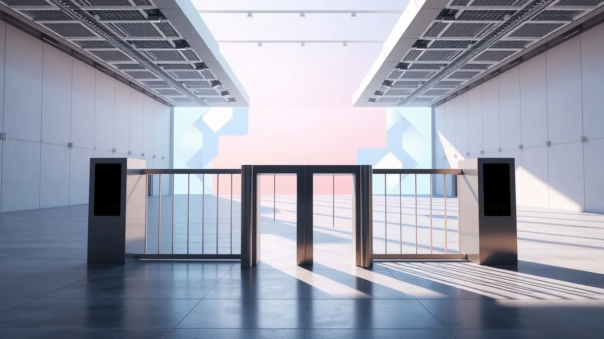 Illustration: A sleek metal turnstile gate stands open inside a vast, bright convention hall with polished concrete floors.