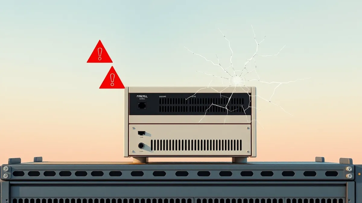 Illustration: A standalone network firewall appliance sits on a metal rack with blank indicator lights.