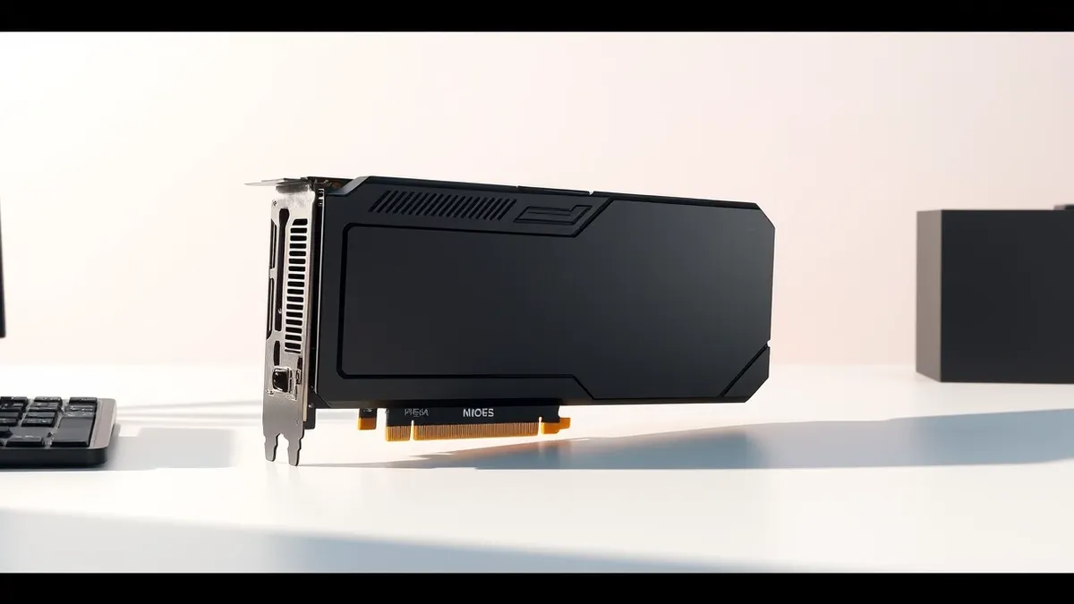 Illustration: A sleek black graphics card rests on a clean white workbench.