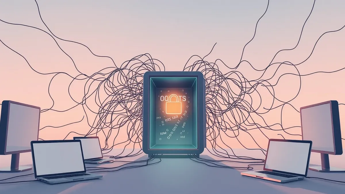 Illustration: A tangled web of digital threads stretches from a central server node, pulling back protective layers to reveal raw data packets floating in the void.