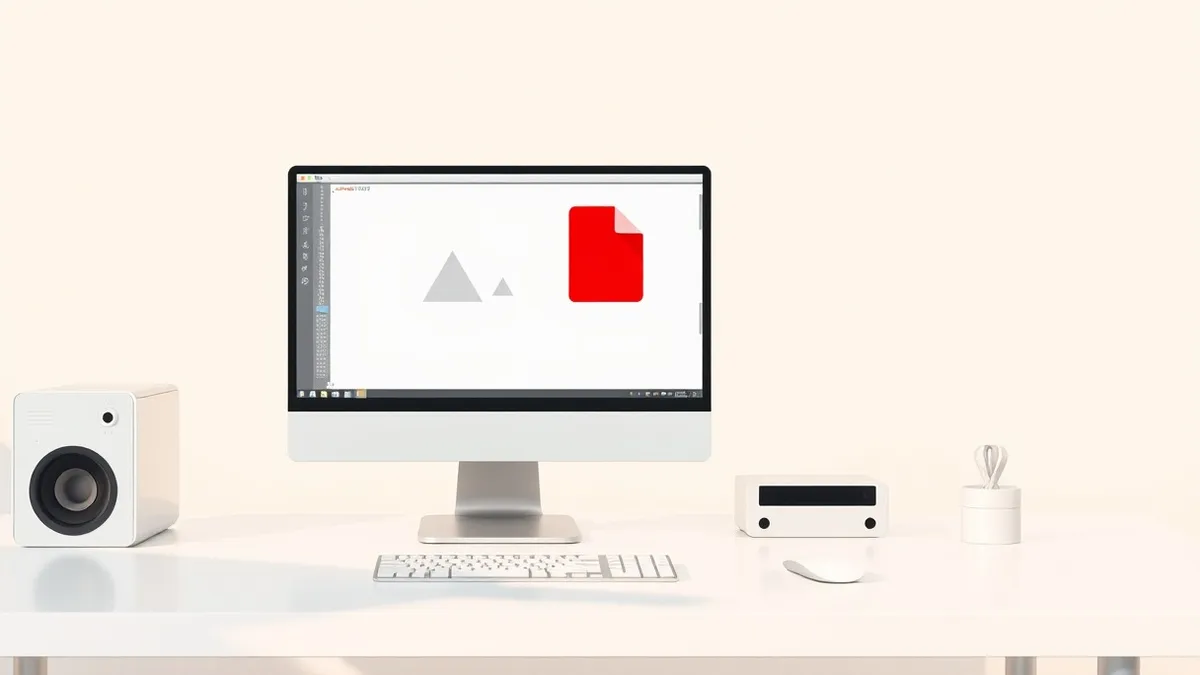 Illustration: A sleek desktop computer sits on a clean white desk, its monitor displaying a blank code editor interface with simple geometric shapes.