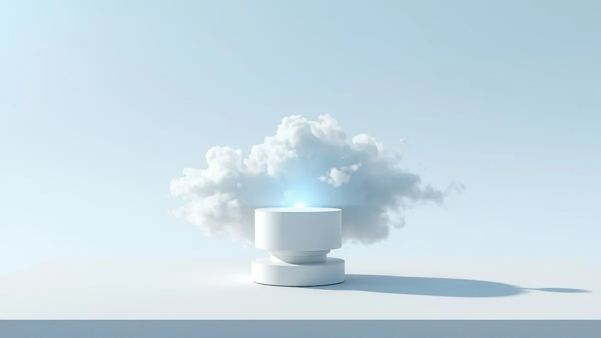 Illustration: A sleek white sensor sits atop a smooth surface, projecting a soft blue beam that hits a shifting, amorphous cloud of grey particles.