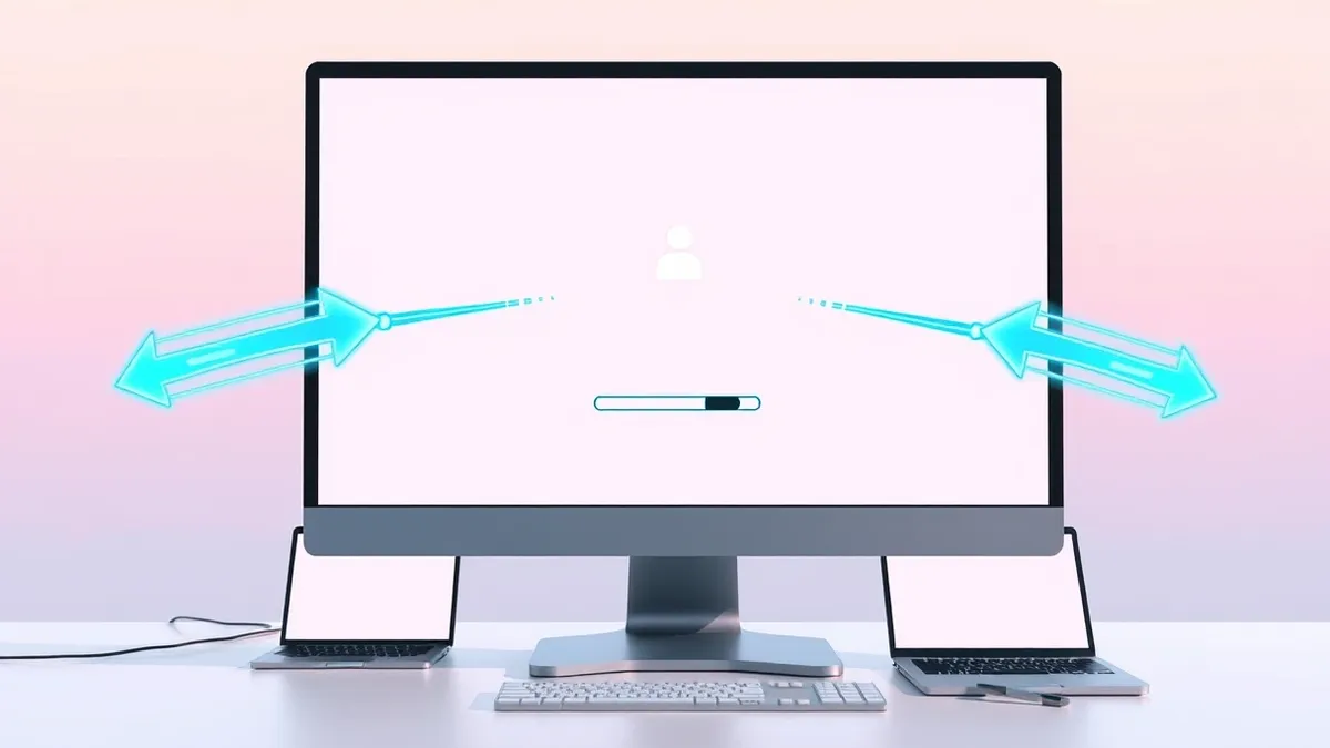 Illustration: A sleek desktop computer monitor displays a blank operating system interface with a single browser window.