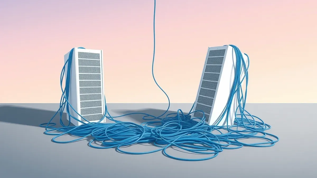 Illustration: A tangled nest of thick blue data cables spills from two white server towers onto a grey floor.