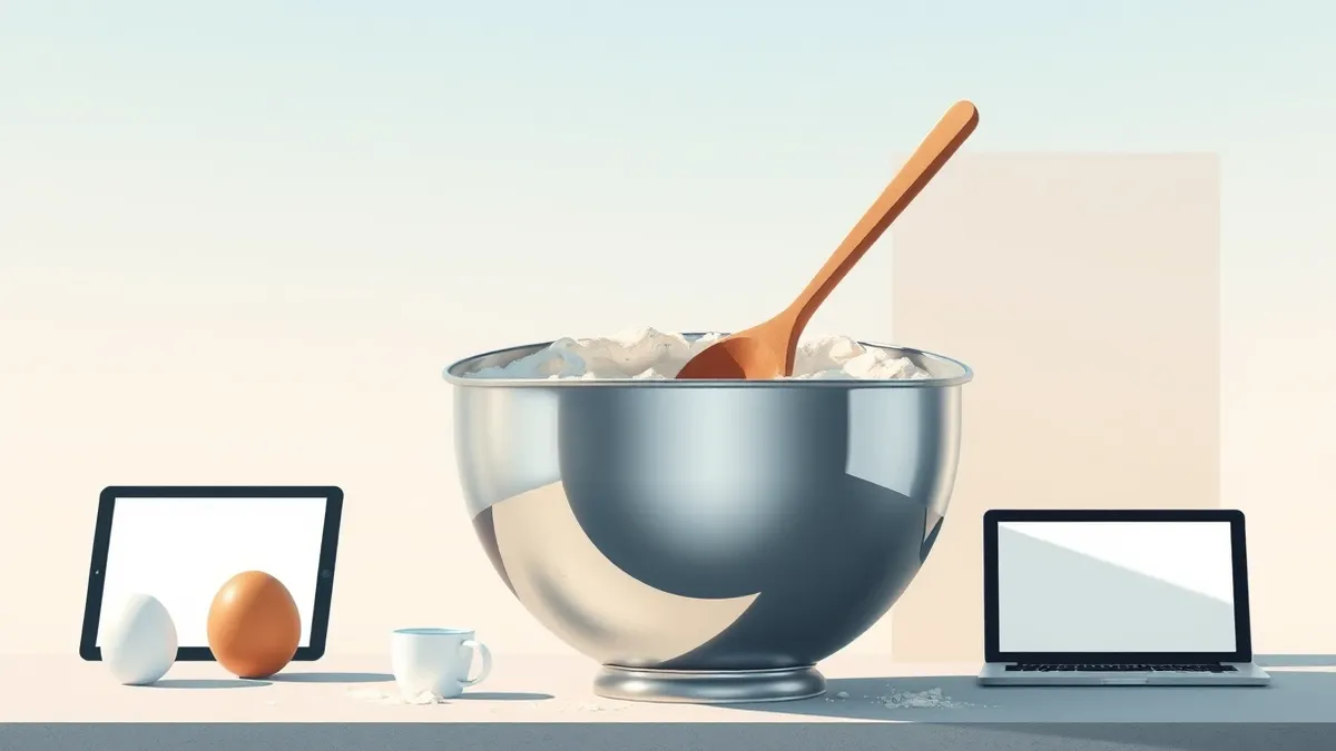 Illustration: A large metal mixing bowl sits on a kitchen counter, filled with raw flour and eggs.