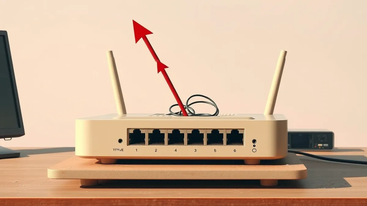 Illustration: A beige desktop router with multiple Ethernet ports sits on a dusty office desk.