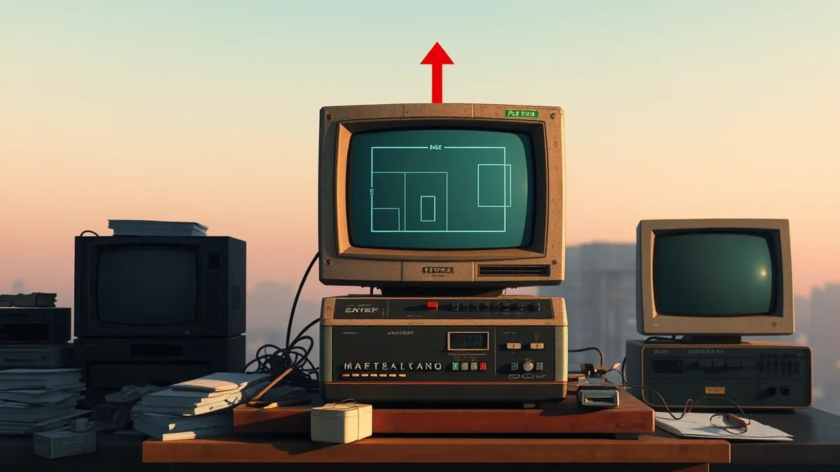 Illustration: A weathered terminal sits on a cluttered desk, displaying only abstract geometric shapes on its screen.