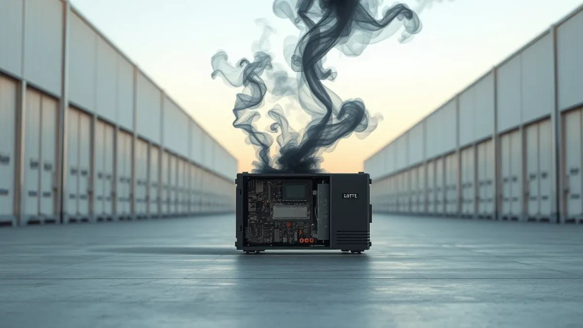 Illustration: A black industrial refrigeration controller sits on a concrete floor, its plastic casing cracked open to reveal exposed circuitry.