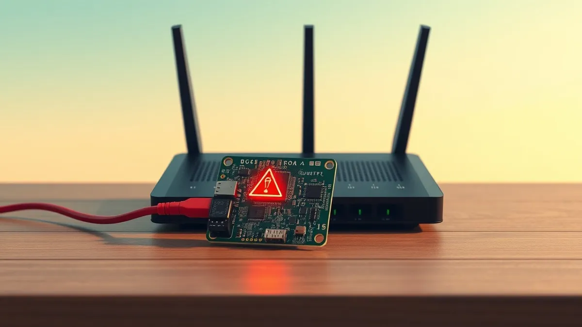 Illustration: A small circuit board rests on a wooden desk, connected by a single red cable to a black router.