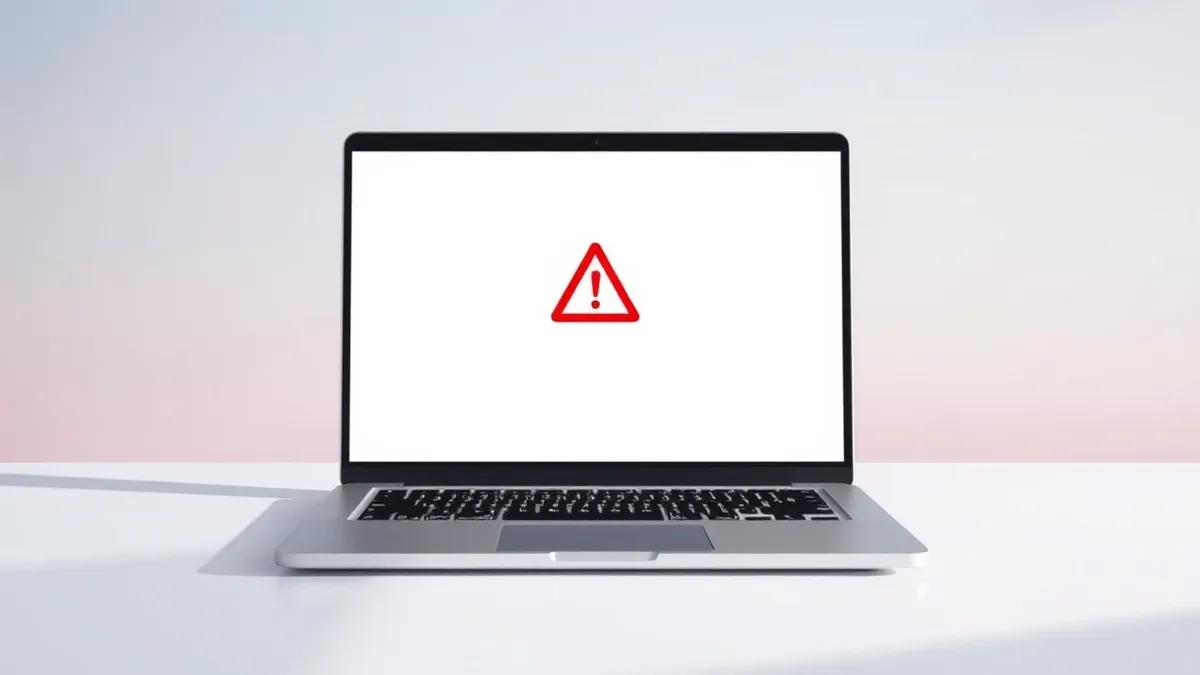 Illustration: A sleek silver laptop sits on a minimalist white desk, its screen displaying a single blank browser window with a red warning triangle icon floating in the center.