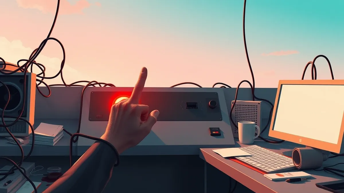 Illustration: A single finger hovers dangerously close to a glowing red button on a blank control panel.