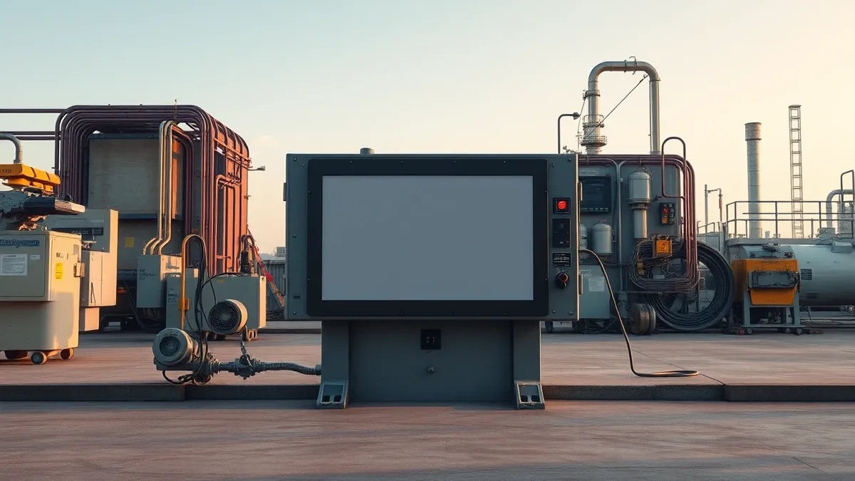 Illustration: A rugged industrial control panel sits on a factory floor with a blank touchscreen display.
