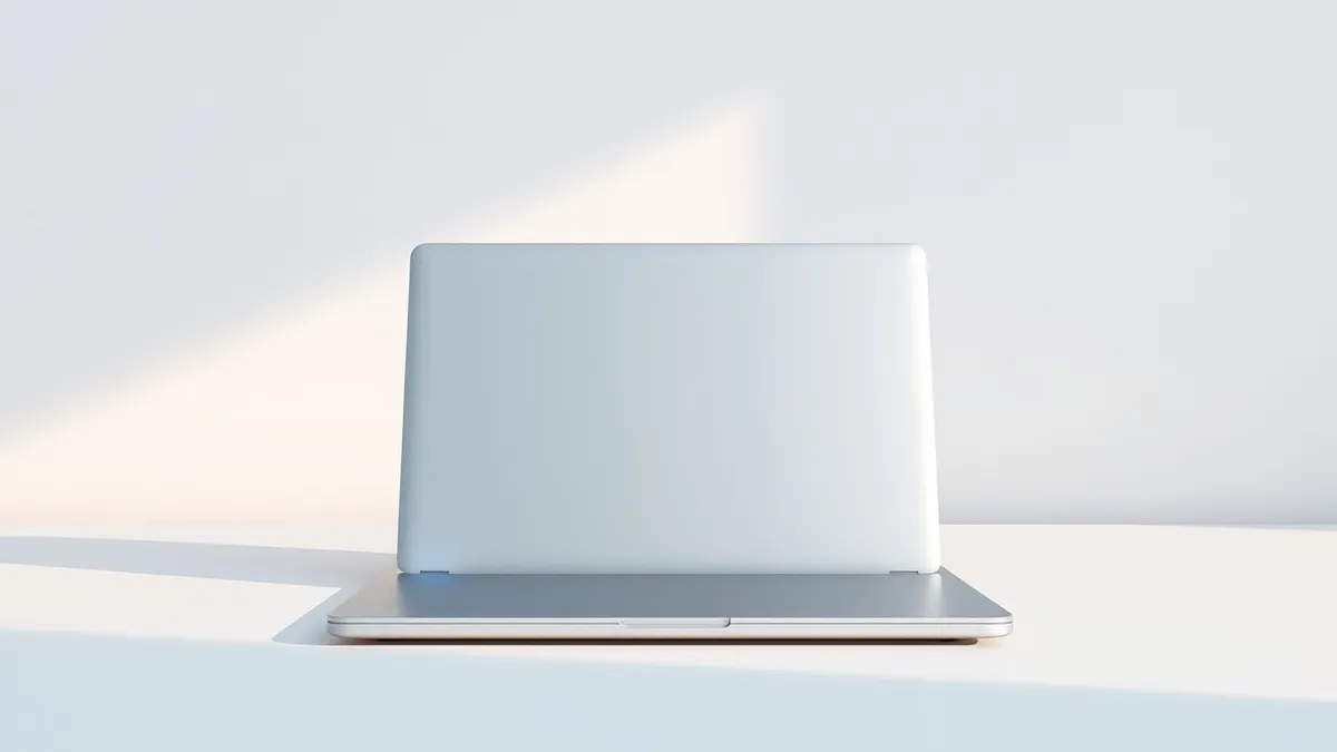 Illustration: A sleek silver laptop sits closed on a clean white desk.