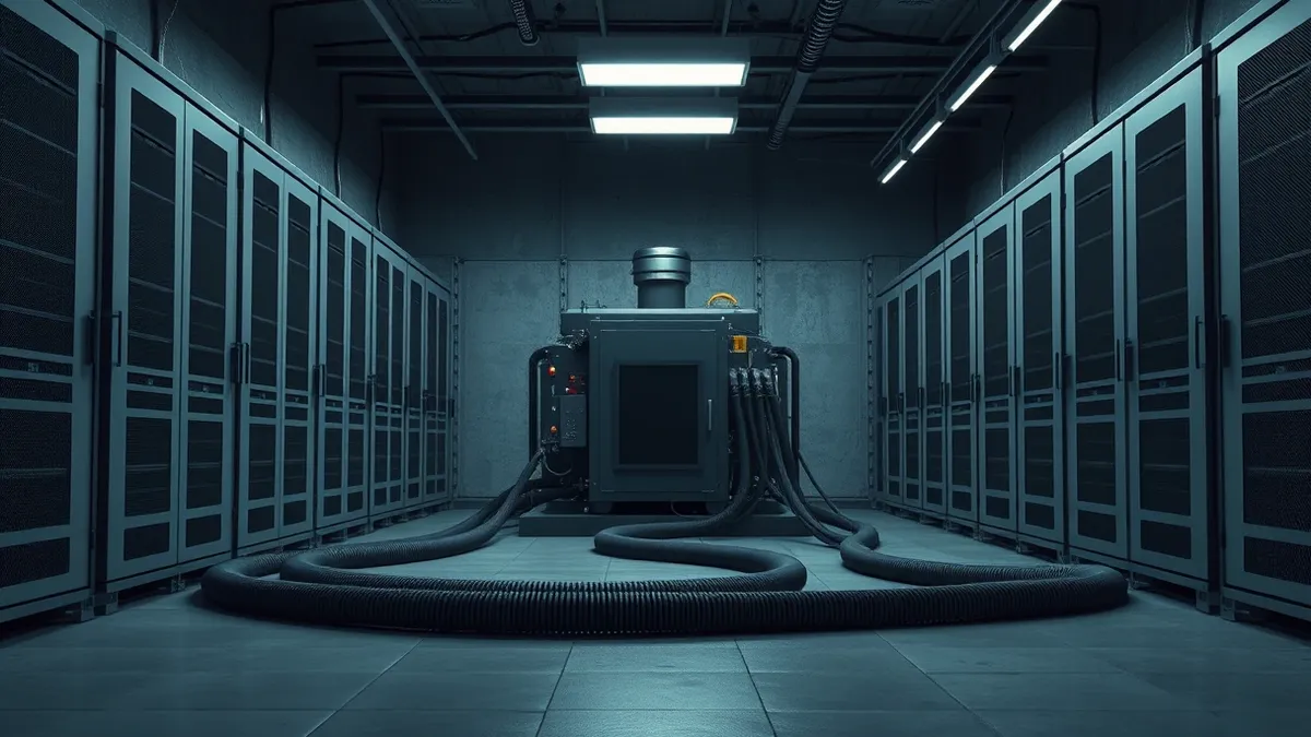 Illustration: A compact nuclear reactor sits inside a concrete bunker beside rows of blank server racks.