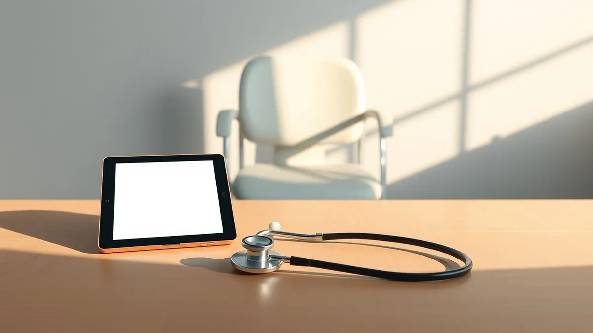 Illustration: A stethoscope rests on a clean wooden examination table beside a blank tablet device.