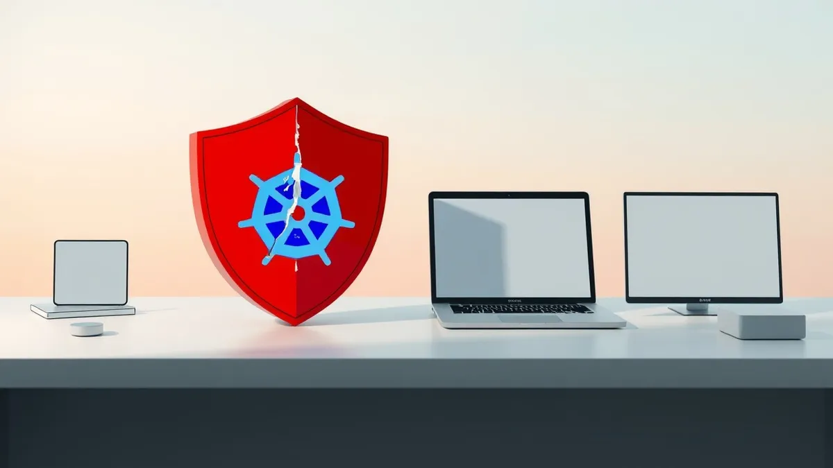 Illustration: A sleek silver Kubernetes cluster icon sits on a clean white desk next to a red shield with a crack running through its center.