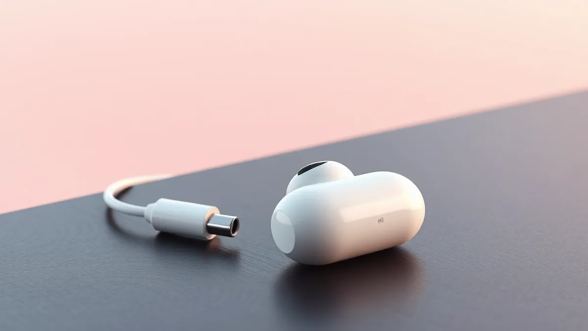 Illustration: A pair of sleek white earbuds rests on a dark wooden table.