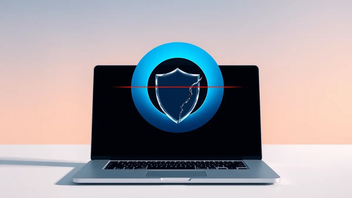 Illustration: A sleek, abstract blue eclipse-shaped disc floats above a blank silver laptop.