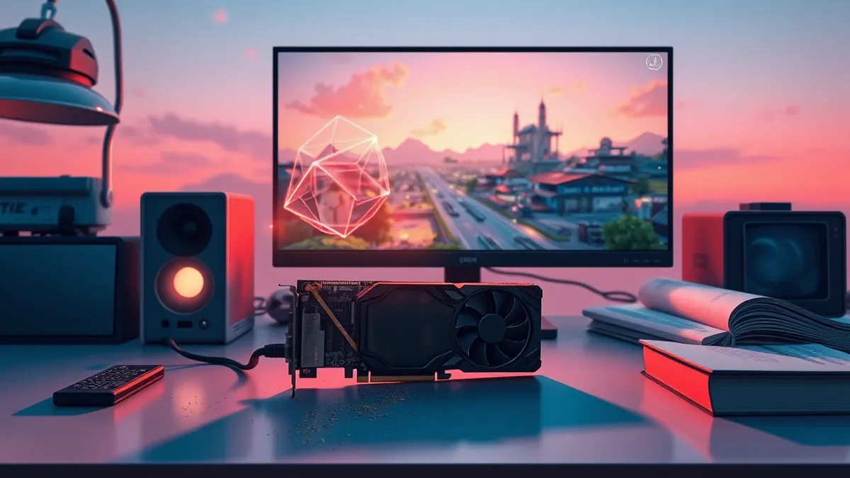 Illustration: A dusty graphics card sits on a workbench, connected to a monitor displaying a vibrant video game scene.