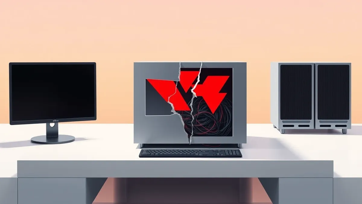 Illustration: A sleek server appliance sits on a clean desk, its front panel displaying abstract red warning shapes.