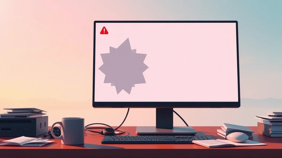 Illustration: A sleek desktop computer sits on a cluttered desk beside a spilled coffee mug.