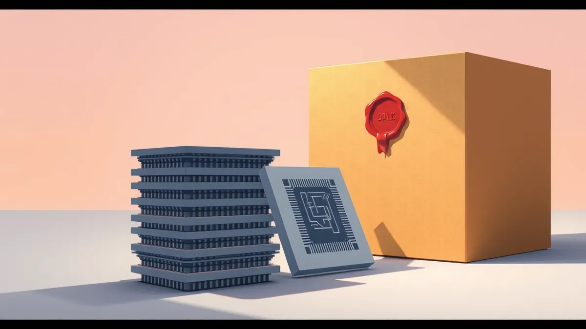 Illustration: A stack of blank microchips sits beside a sealed cardboard box.