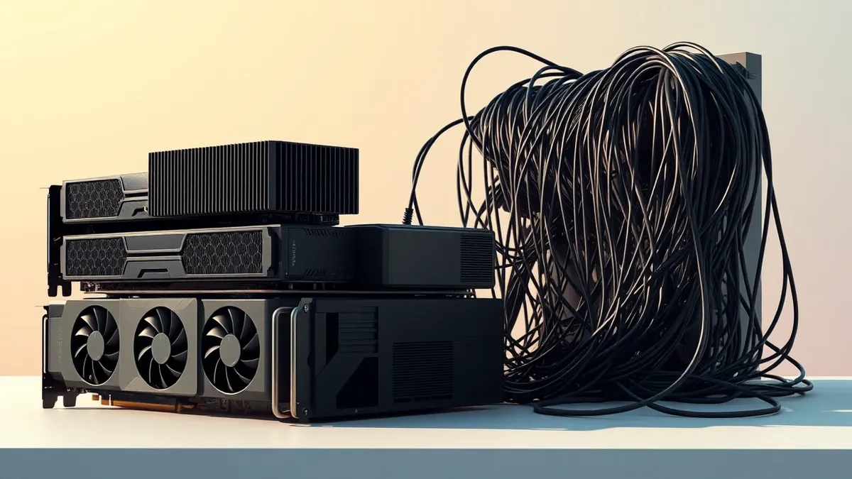 Illustration: A stack of black computer graphics cards sits on a plain table, their metallic heatsinks catching the light.
