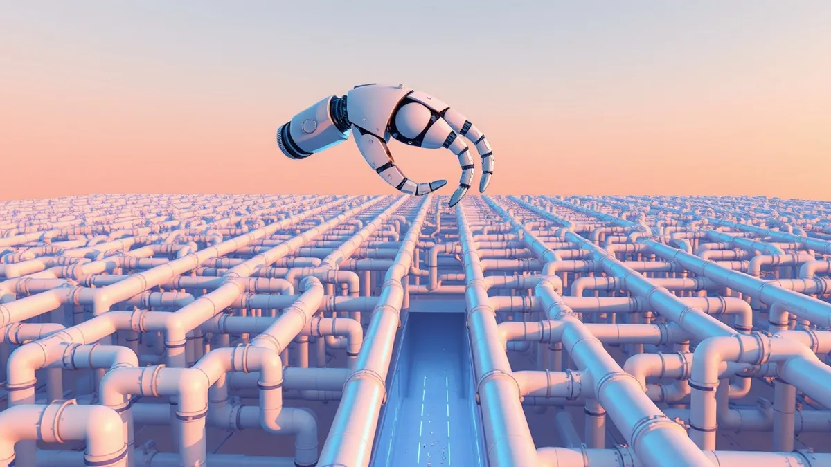 Illustration: A sleek white robot arm hovers over a complex maze of glowing blue pipes.