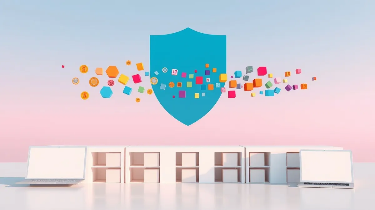 Illustration: A translucent blue shield intercepts a stream of colorful digital blocks before they settle into a structured grid.