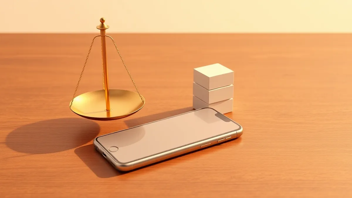 Illustration: A sleek silver smartphone rests on a polished wooden table next to a stylized golden scale.