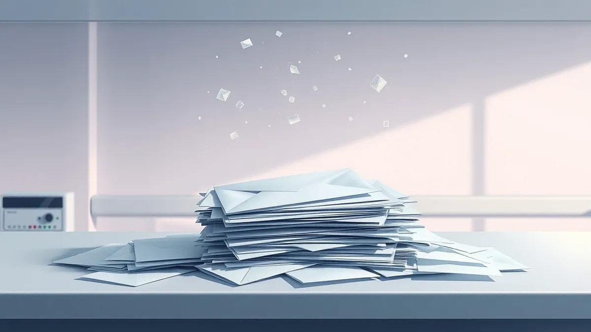 Illustration: A stack of blank white envelopes sits haphazardly on a sterile hospital desk, their seals broken and flaps open.
