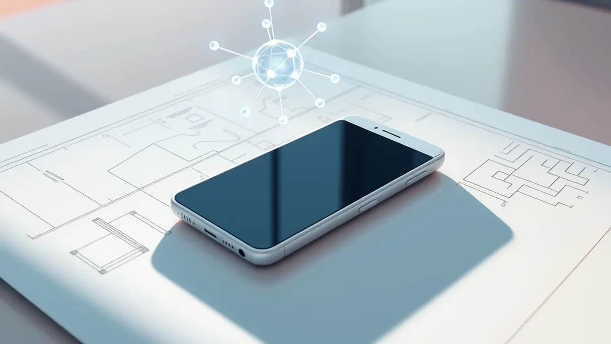 Illustration: A sleek white smartphone rests on a polished drafting table, its screen casting soft geometric shadows over blueprints.
