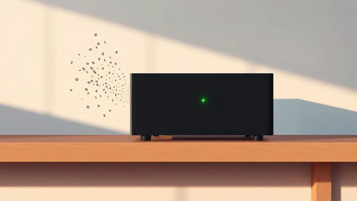 Illustration: A sleek black media server box sits on a wooden shelf, its single green status light pulsing steadily.