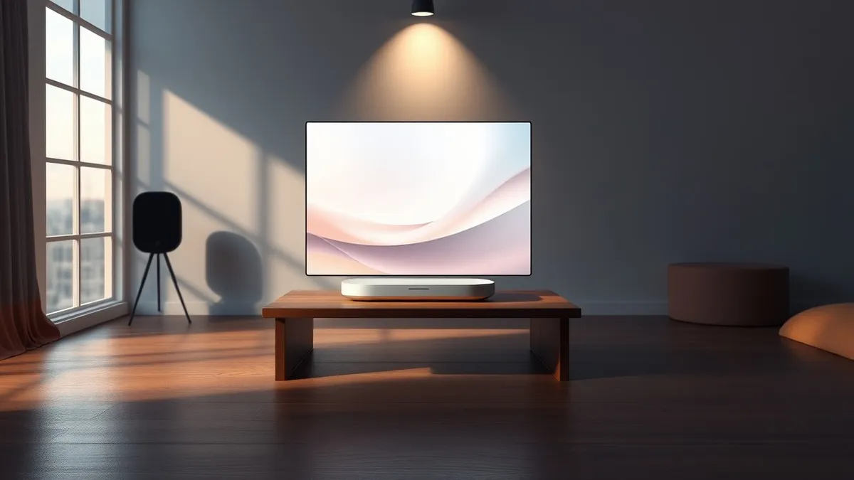 Illustration: A sleek, minimalist smart home hub sits on a polished wooden table in a dimly lit New York studio.