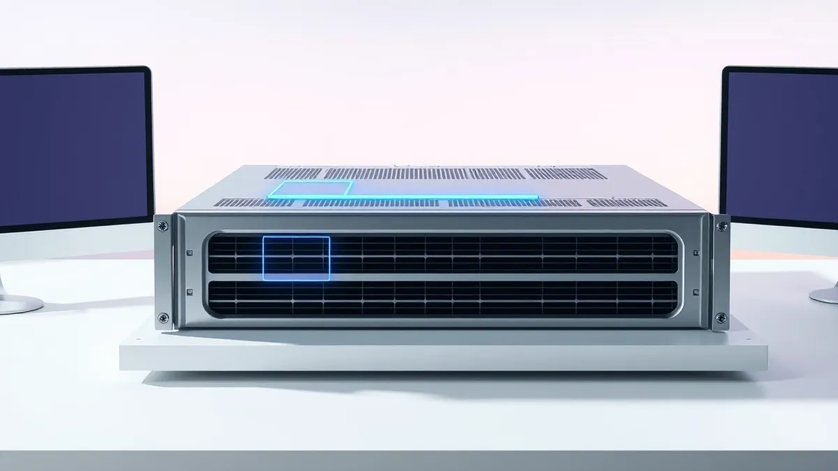 Illustration: A sleek silver server blade sits on a clean white desk, its front panel displaying two distinct abstract geometric shapes: a rigid square representing virtualization