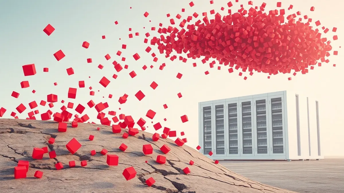 Illustration: A chaotic swarm of generic red digital cubes drifts away from a cracked concrete foundation, instantly reforming into a dense cloud of identical shapes floating above