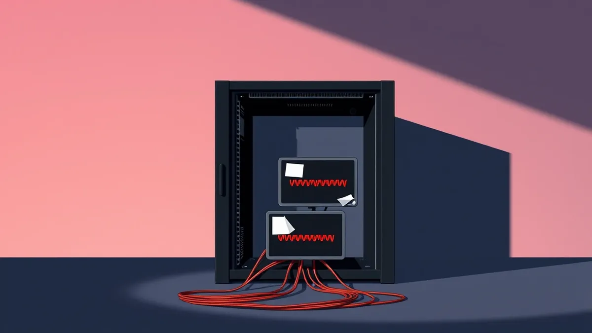 Illustration: A sleek black server rack sits in a dim room with its rear panel open.