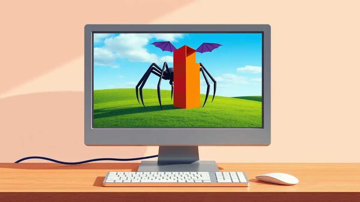 Illustration: A small, blocky computer monitor sits on a wooden desk, displaying a pixelated landscape of green grass and blue sky.