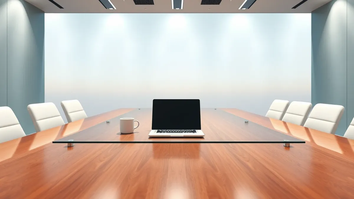 Illustration: A sleek glass conference table sits empty under bright overhead lights, holding only a single closed laptop and a minimalist white ceramic mug.