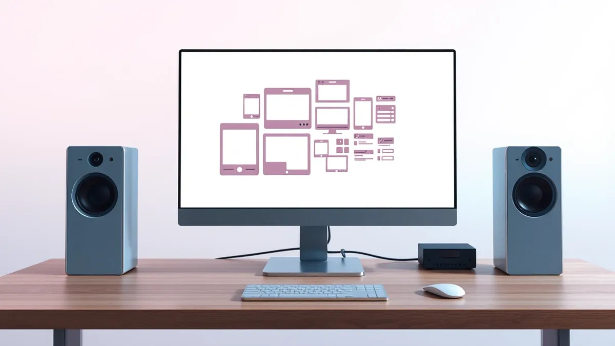 Illustration: A sleek desktop computer sits on a clean wooden desk, its monitor displaying a fragmented interface with mismatched window frames and disjointed buttons, while a soft